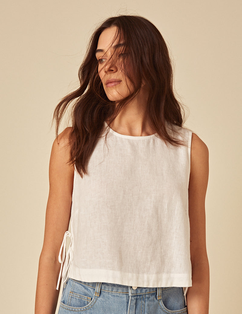 White Linen-Blend Swing Top