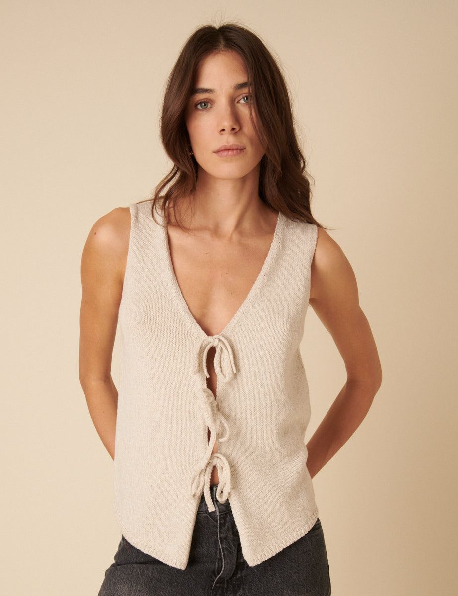 Cream Tie Front Knitted Waistcoat - Main Image