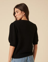 Black Floral Embroidered Knitted Cardigan