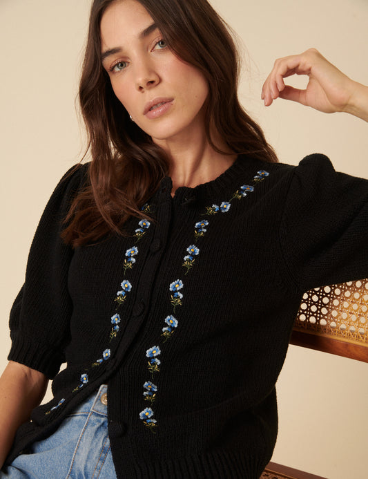 Secondary image of Black Floral Embroidered Knitted Cardigan
