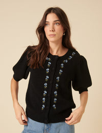 Black Floral Embroidered Knitted Cardigan