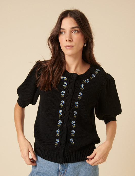 Image of Black Floral Embroidered Knitted Cardigan