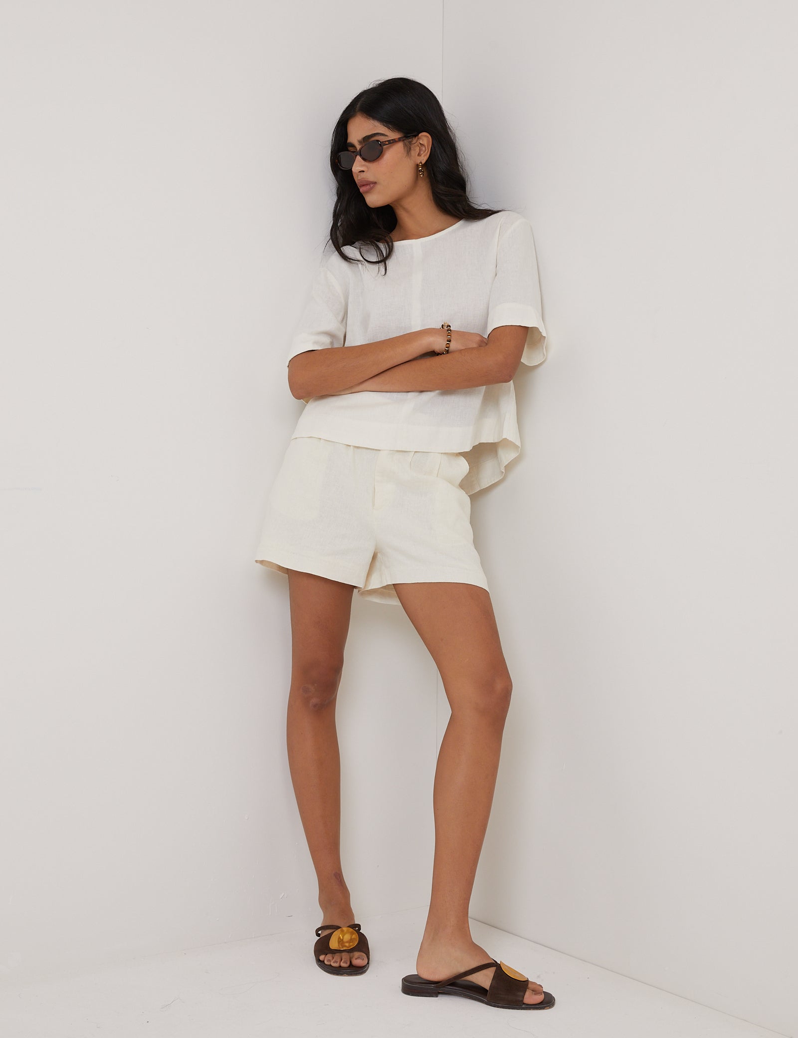 Cream Linen-blend Short-Sleeve Top