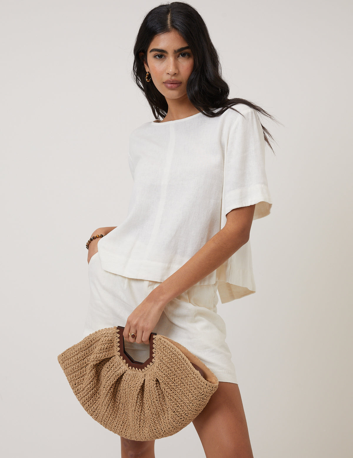 Cream Linen-Blend Short-Sleeve Top
