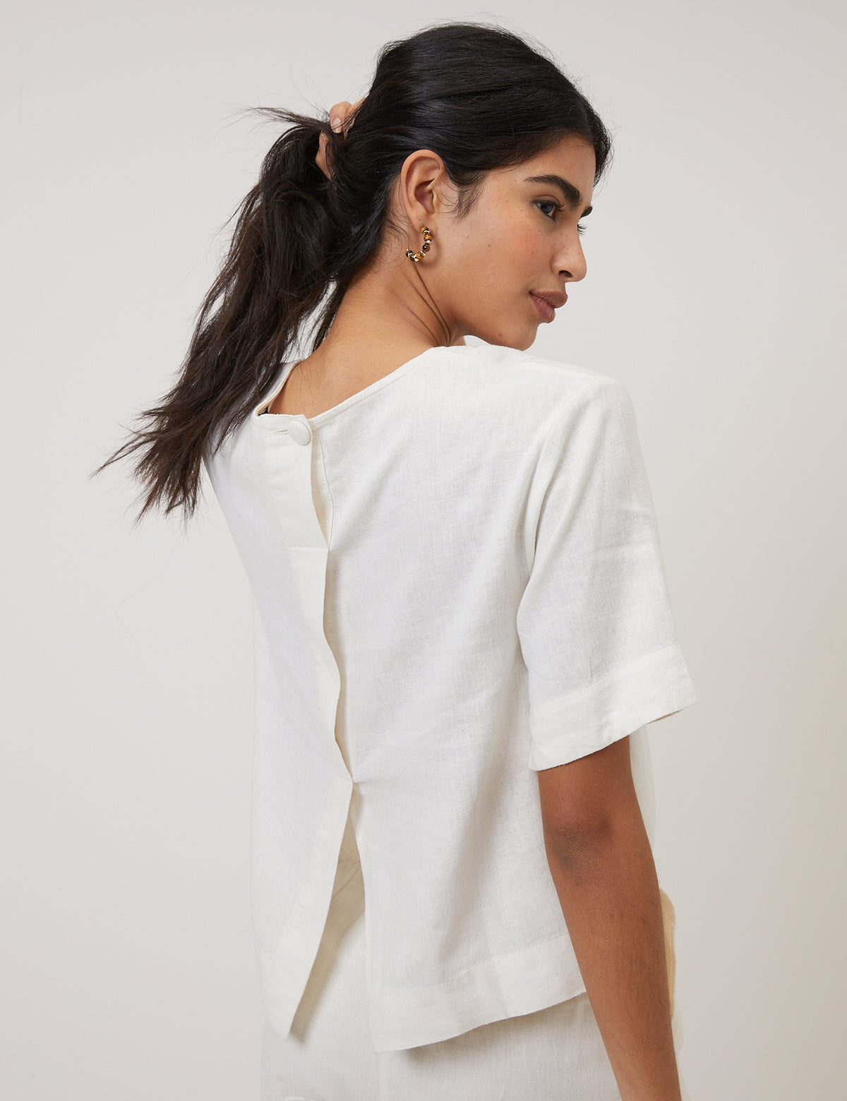 Cream Linen-Blend Short-Sleeve Top