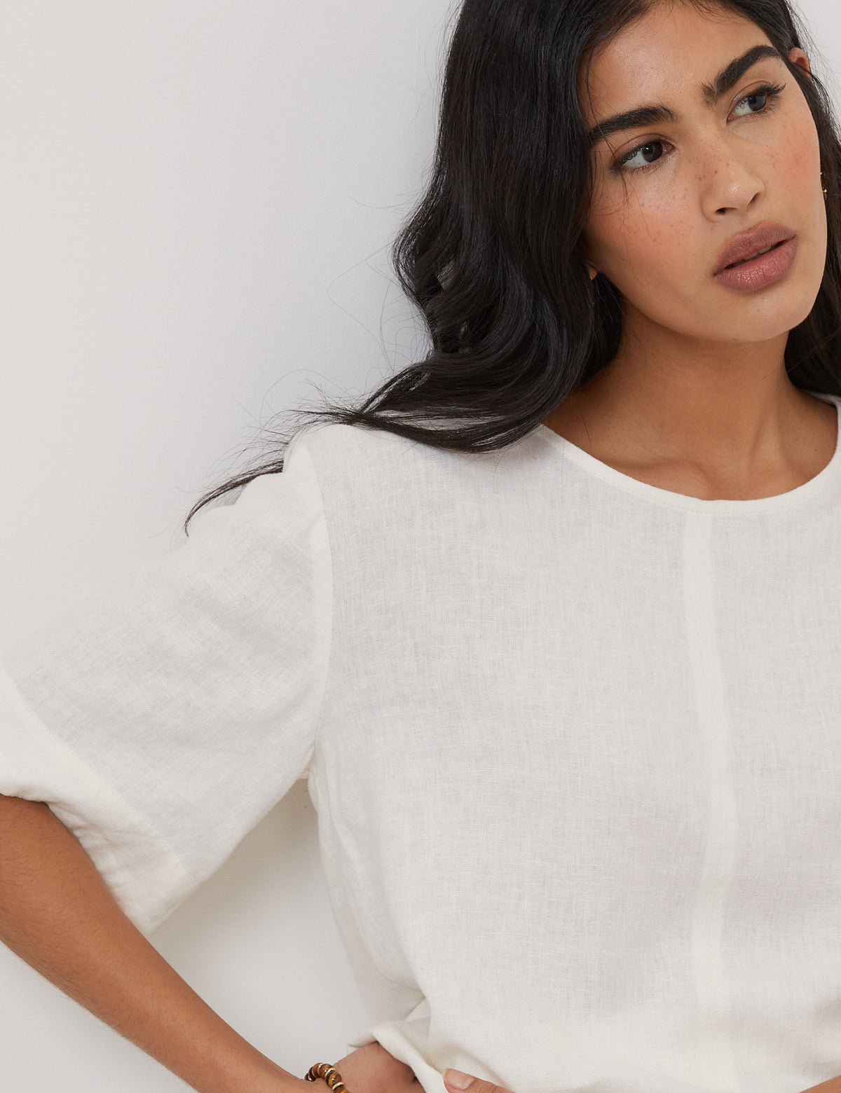 Cream Linen-Blend Short-Sleeve Top