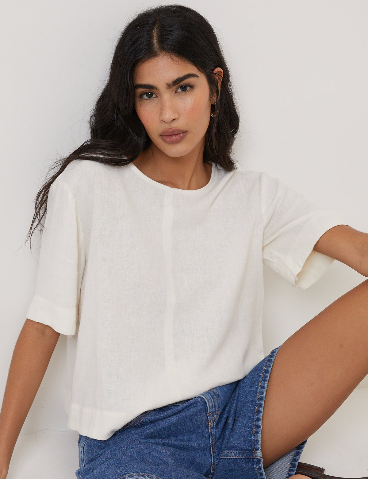 Cream Linen-Blend Short-Sleeve Top