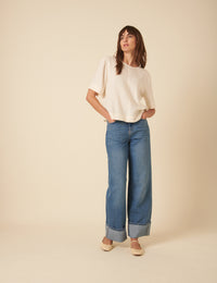 Cream Linen-blend Short-Sleeve Top
