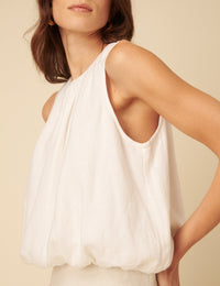 White Linen-blend Sleeveless Bubble Hem Top