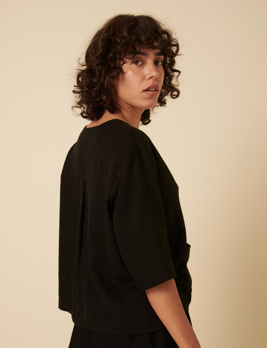 Black Linen-Blend V-Neck Shirt