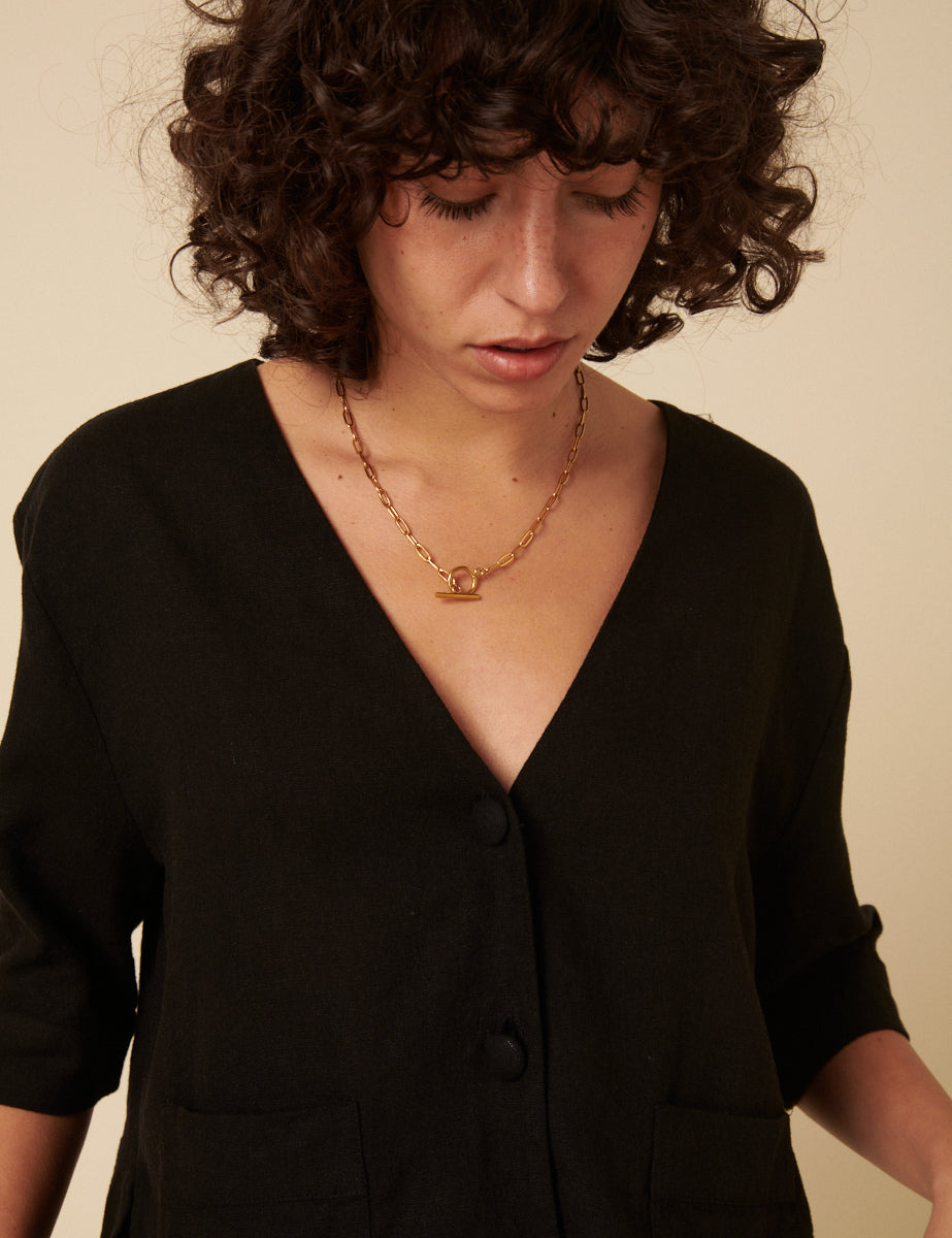 Black Linen-Blend V-Neck Shirt