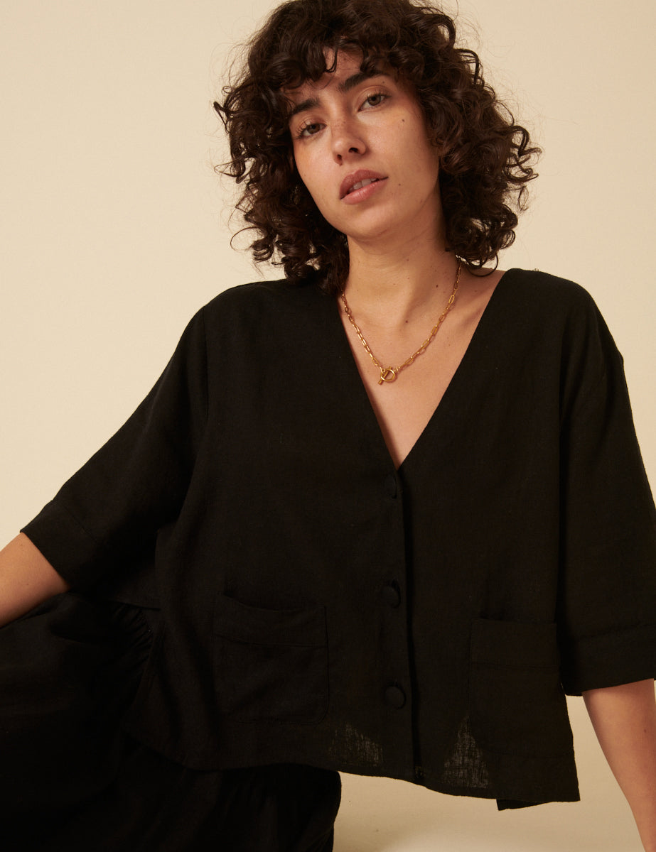 Black Linen-Blend V-Neck Shirt