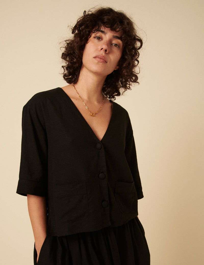 Black Linen-Blend V-Neck Shirt