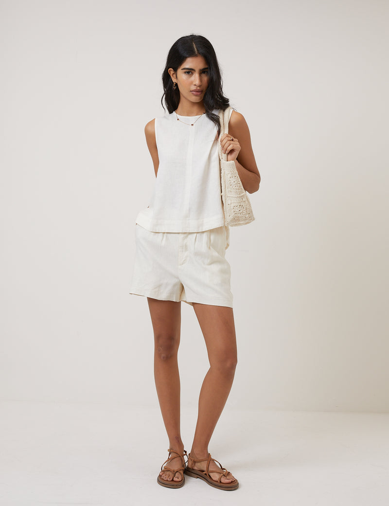 Cream Linen-Blend Swing Top