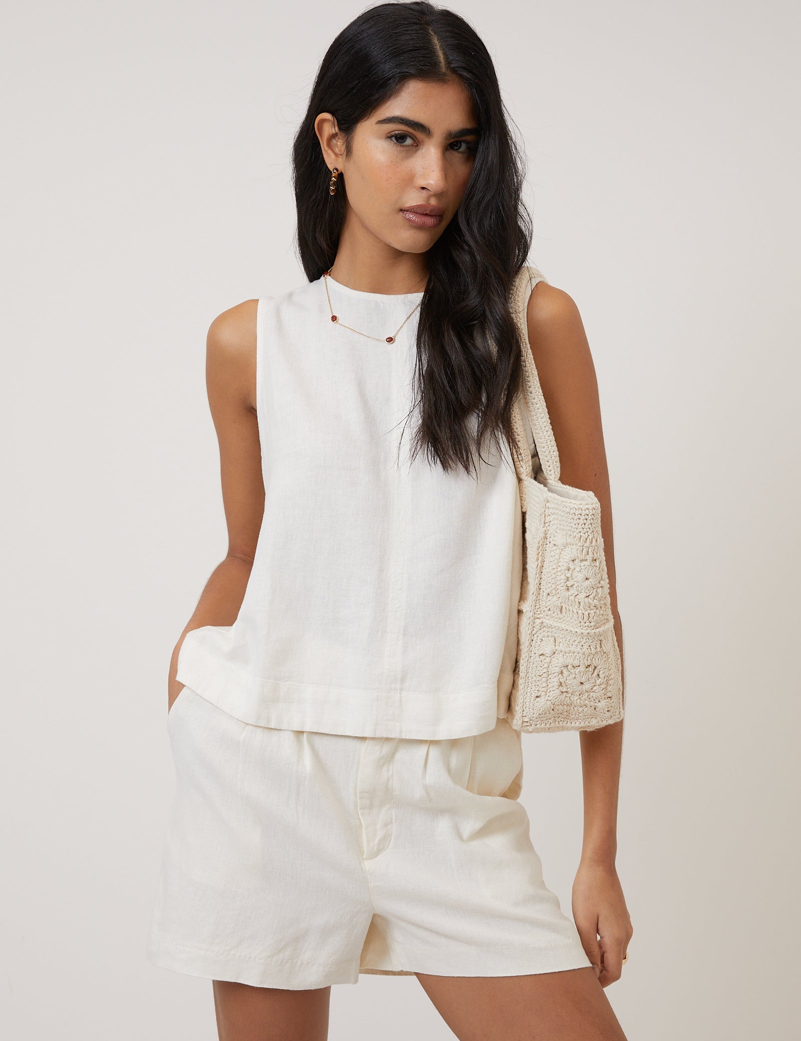 Cream Linen-blend Swing Top