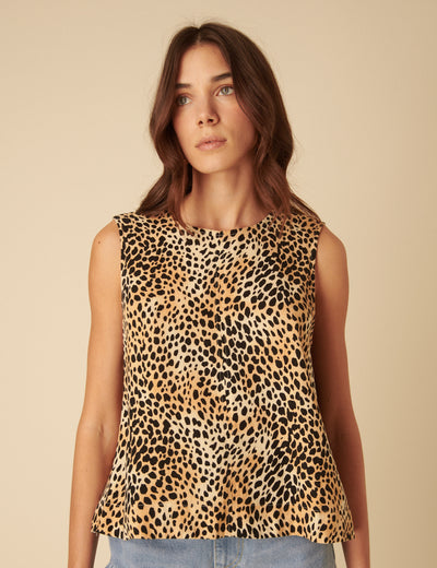 Leopard Linen-Blend Swing Top