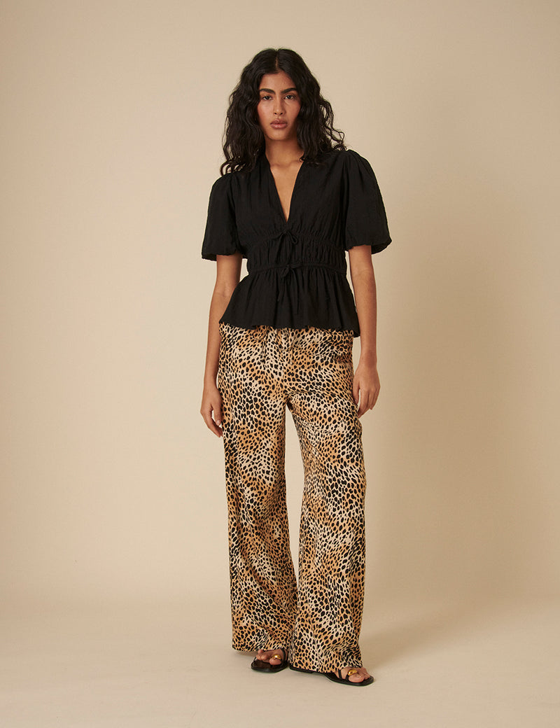 Black Tie Front Puff Sleeve Top