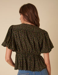 Black Floral Short Sleeve Top