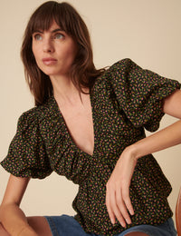 Black Floral Short Sleeve Top