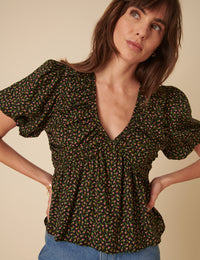 Black Floral Short Sleeve Top