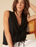 Black Linen-Blend Tie Front Tessa Top