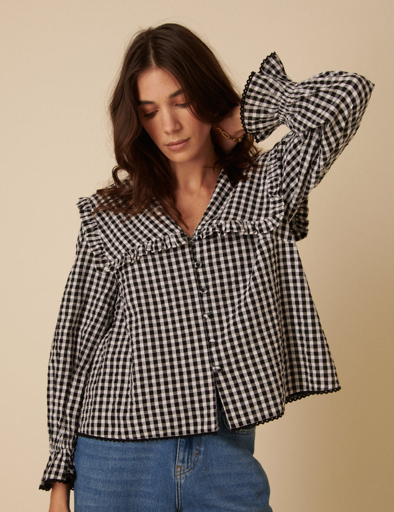 Black Gingham Frill Collar Blouse