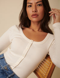 Cream Scoop Neck Button Through Top