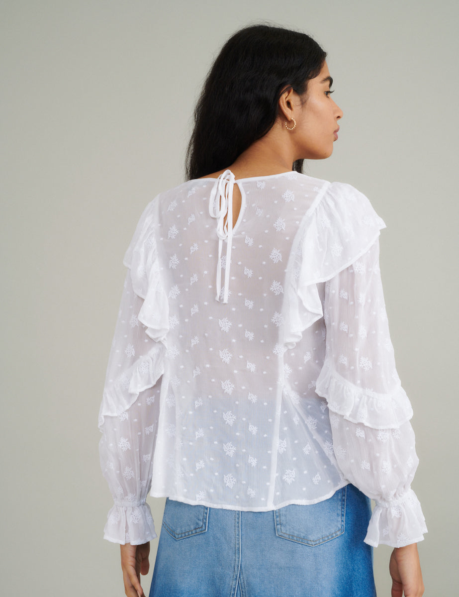 White Frill Floral Embroidered Blouse