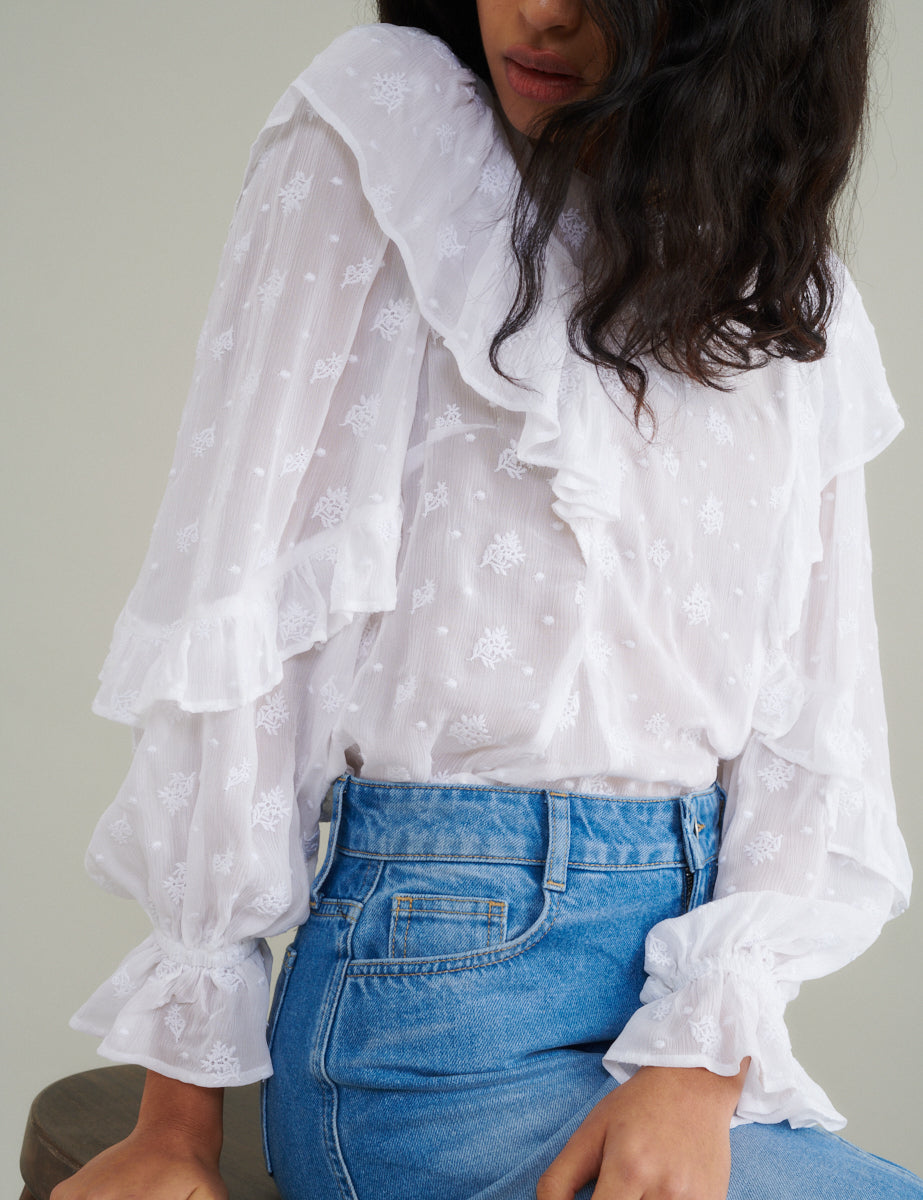White Frill Floral Embroidered Blouse