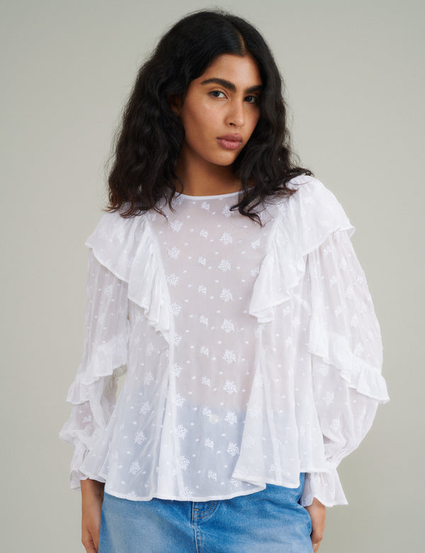 White Frill Floral Embroidered Blouse