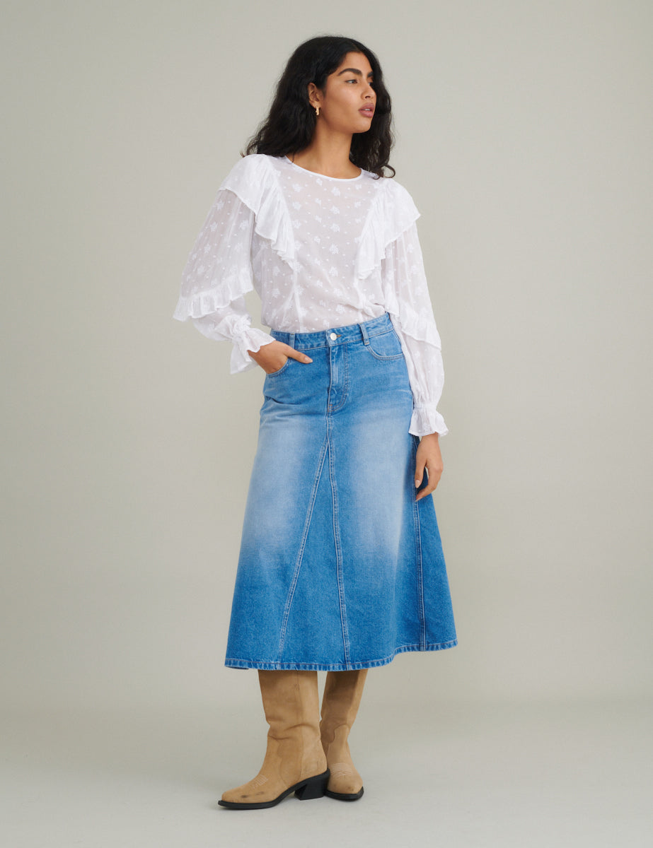 White Frill Floral Embroidered Blouse