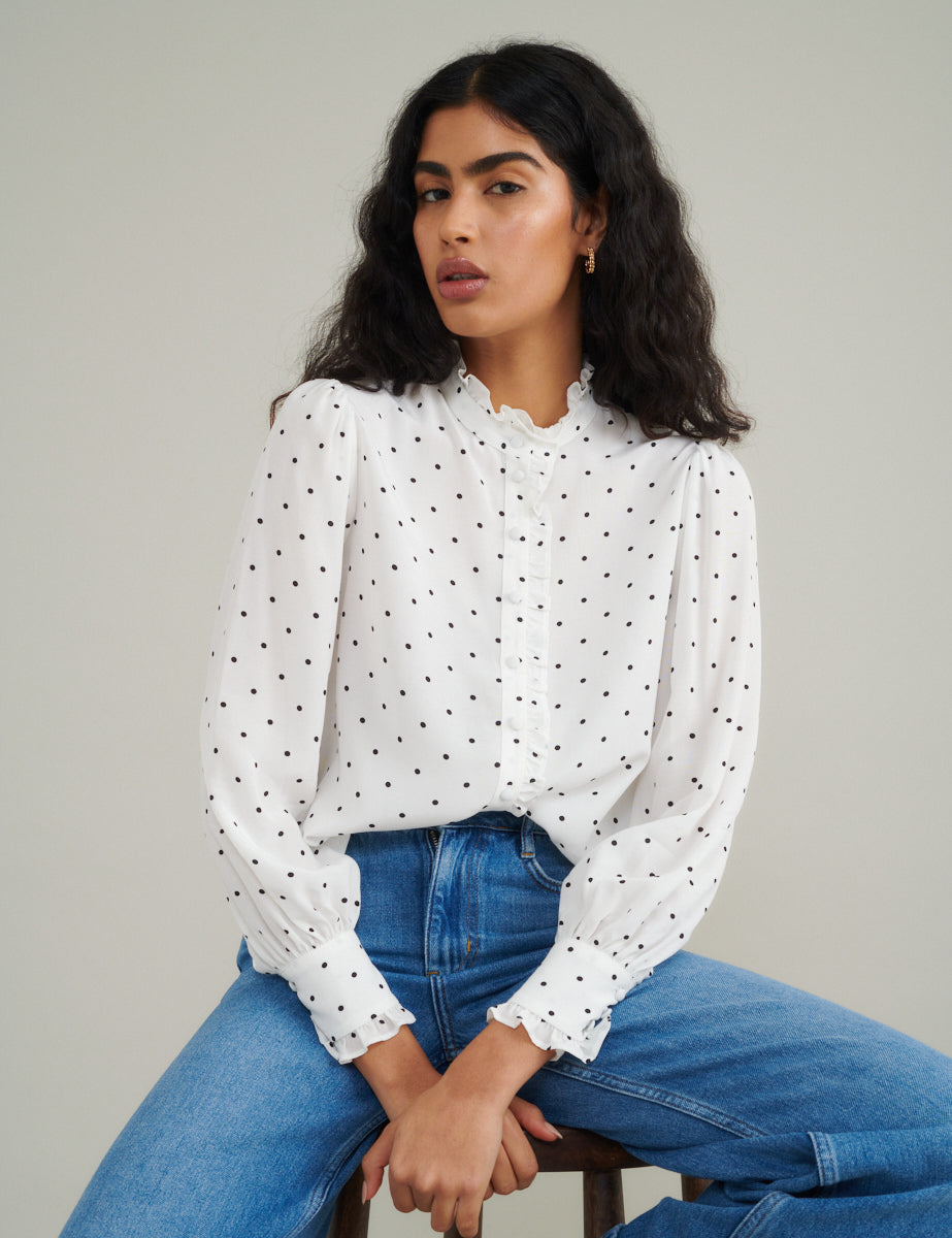 White Polka Dot Frill Blouse - Main Image