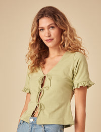 Green Tie Front Jersey Top