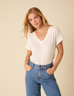 White Linen-Blend Relaxed V-neck T-Shirt