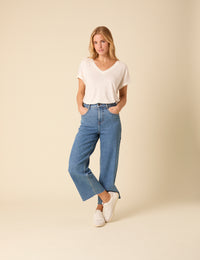 White Linen-blend Relaxed V-neck T-Shirt