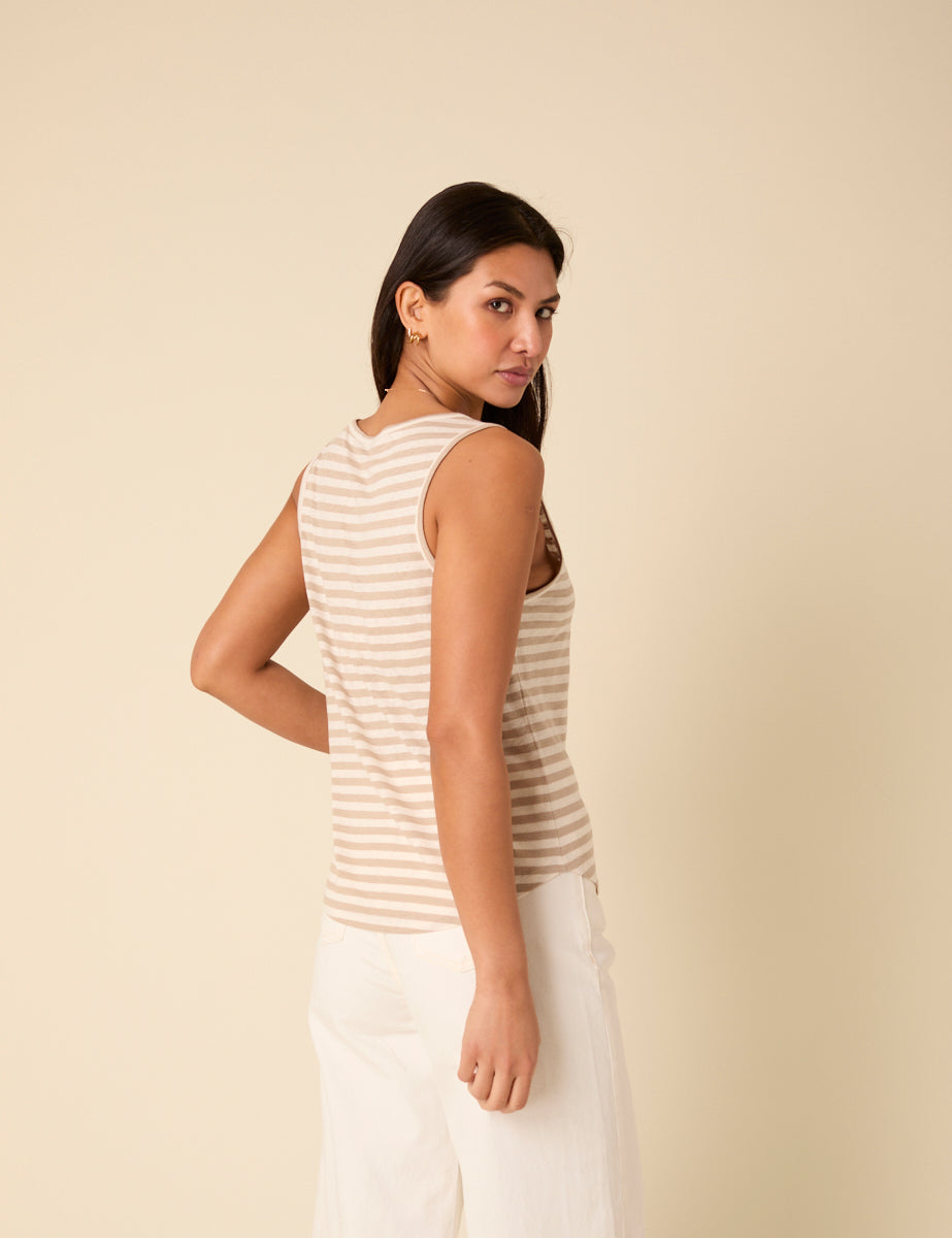 White And Beige Linen-Blend Scoop Neck Vest Top