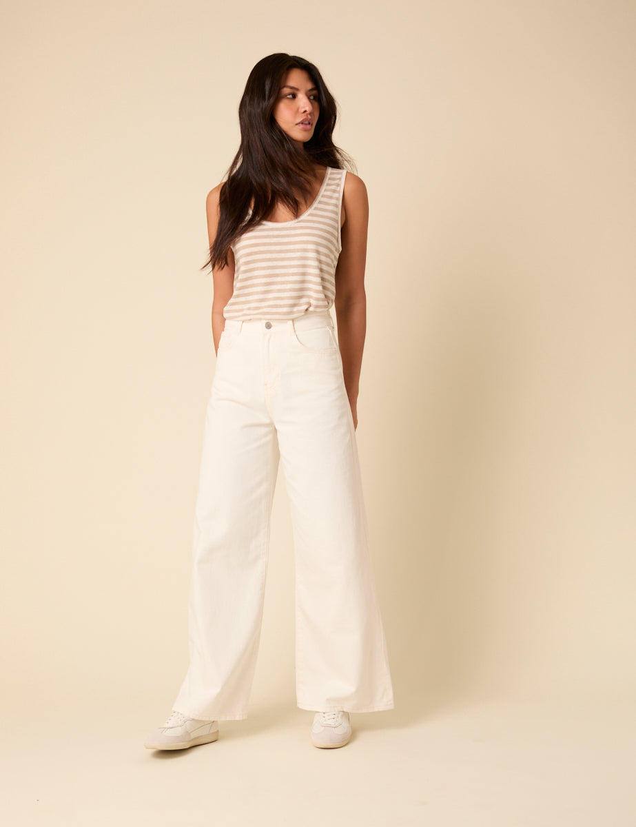 White And Beige Linen-Blend Scoop Neck Vest Top