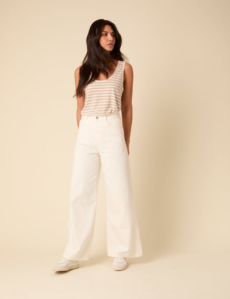White And Beige Linen-Blend Scoop Neck Vest Top