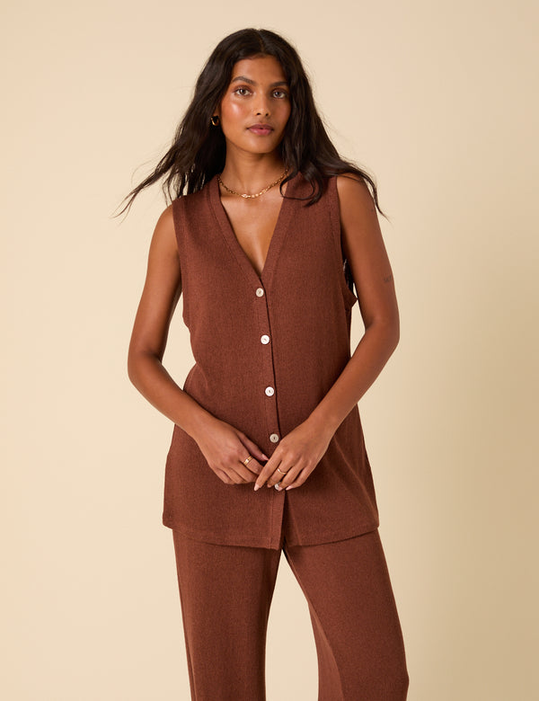 Brown Textured Longline Waistcoat
