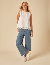 White Denim Broderie Swing Top