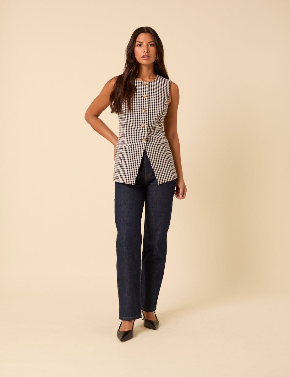 Black Gingham Longline Crew Neck Waistcoat