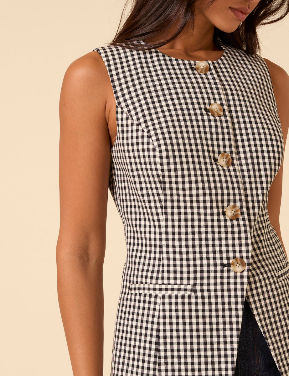 Black Gingham Longline Crew Neck Waistcoat