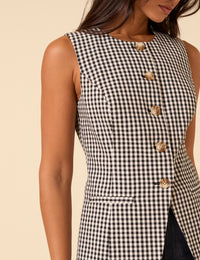 Black Gingham Longline Crew Neck Waistcoat