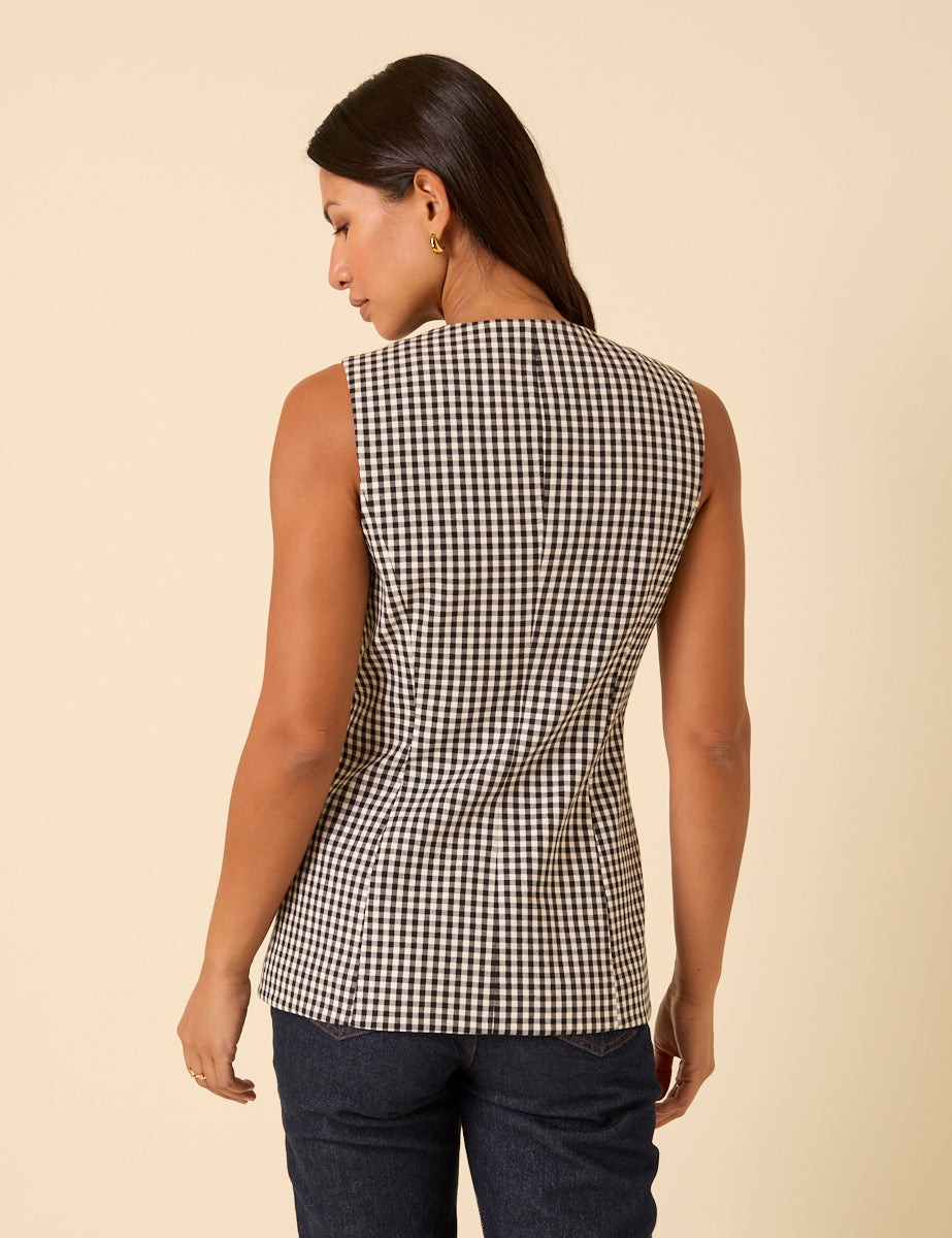 Black Gingham Longline Crew Neck Waistcoat