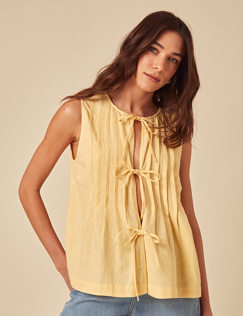 Butter Yellow Linen-Blend Tie Front Top