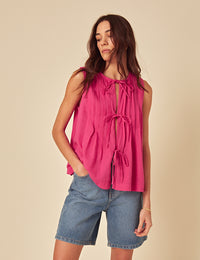 Pink Linen-blend Tie Front Top