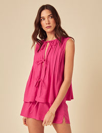 Pink Linen-blend Tie Front Top