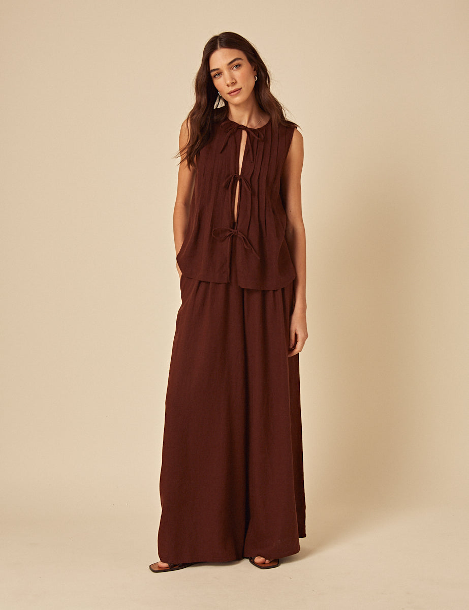 Brown Linen-Blend Tie Front Top
