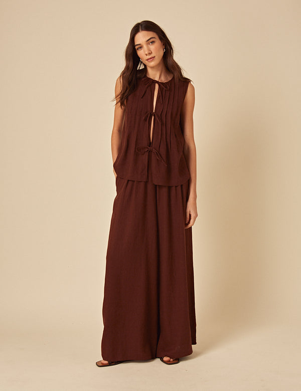 Brown Linen-blend Tie Front Top