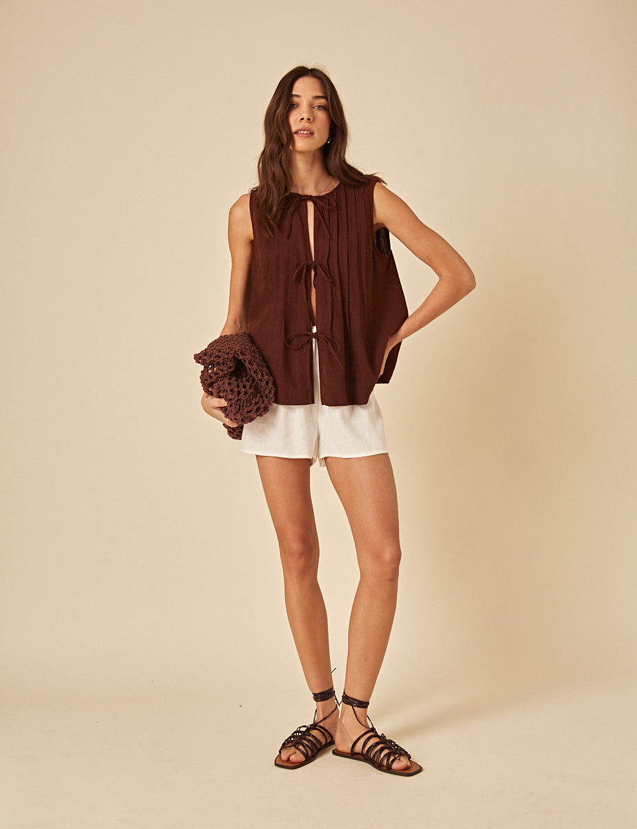 Brown Linen-Blend Tie Front Top